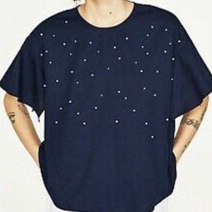 ZARA Pearl Short Flutter Sleeve Top Blouse Blue